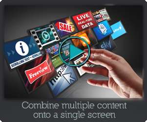 Combine scrolling text, Live TV, Freeview TV, satellite TV or video with image slideshows, scrolling text, RSS, DHTML, Powerpoint and flash all within your own branded grahical layout